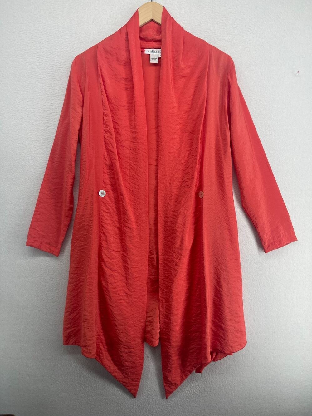 IVY REED Cardigan Womens S Cotton Sateen Shawl Open Front Duster Asymmetric Red